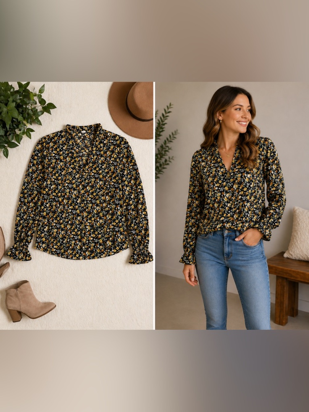 Boho Floral Long sleeve blouse ruffle neck flowy peplum top navy yellow medium